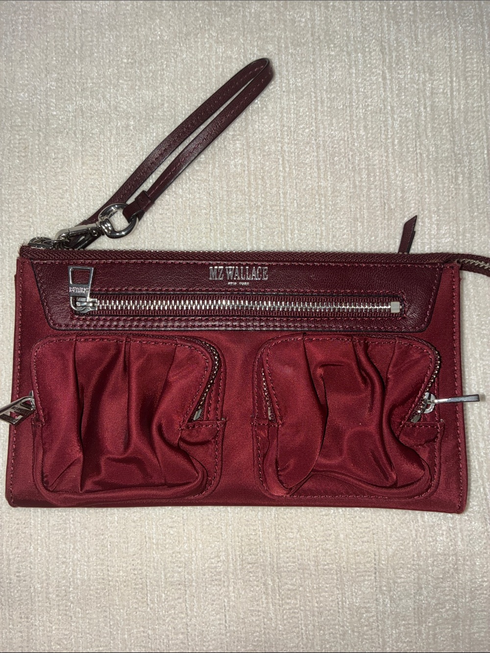 MZ Wallace Abbey Burgundy Wristlet with Silver Hardware
